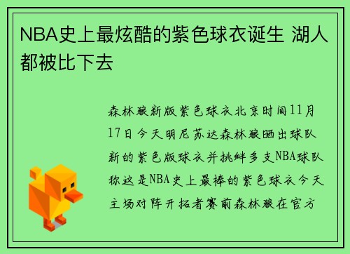 NBA史上最炫酷的紫色球衣诞生 湖人都被比下去