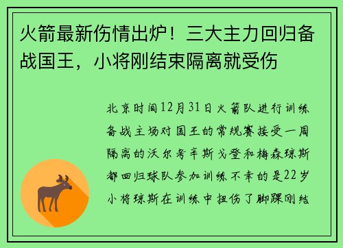 火箭最新伤情出炉！三大主力回归备战国王，小将刚结束隔离就受伤